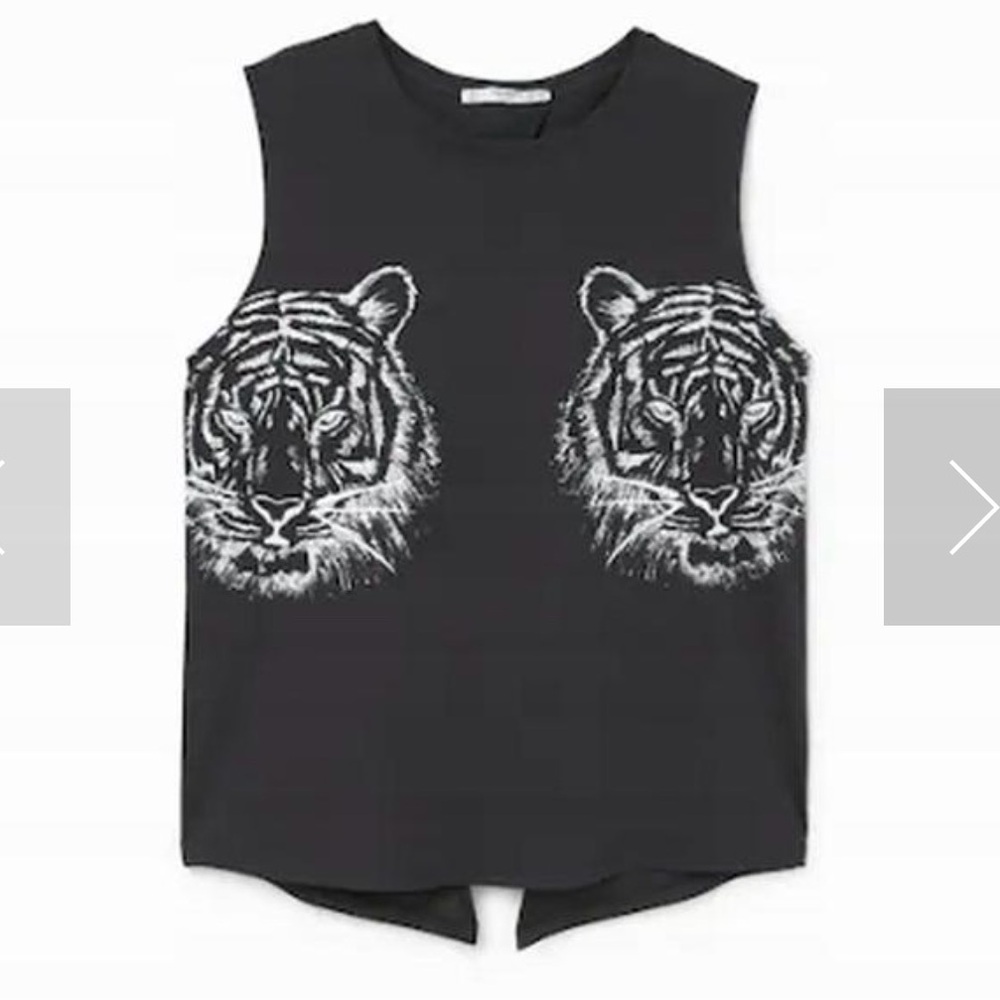 Mango Black Sleeveless Tank Top with Tiger Design and Split Tie Back